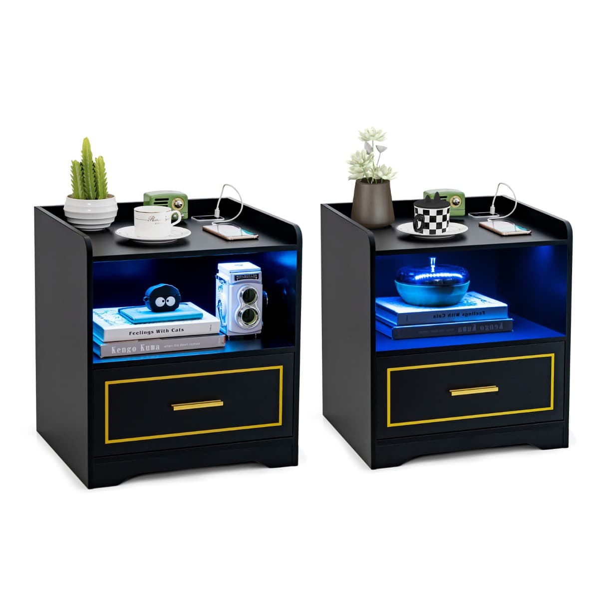 Lot de 2 Tables de Chevet LED Intelligente Port USB Couleurs de Lumière et Luminosité Réglables Indu
