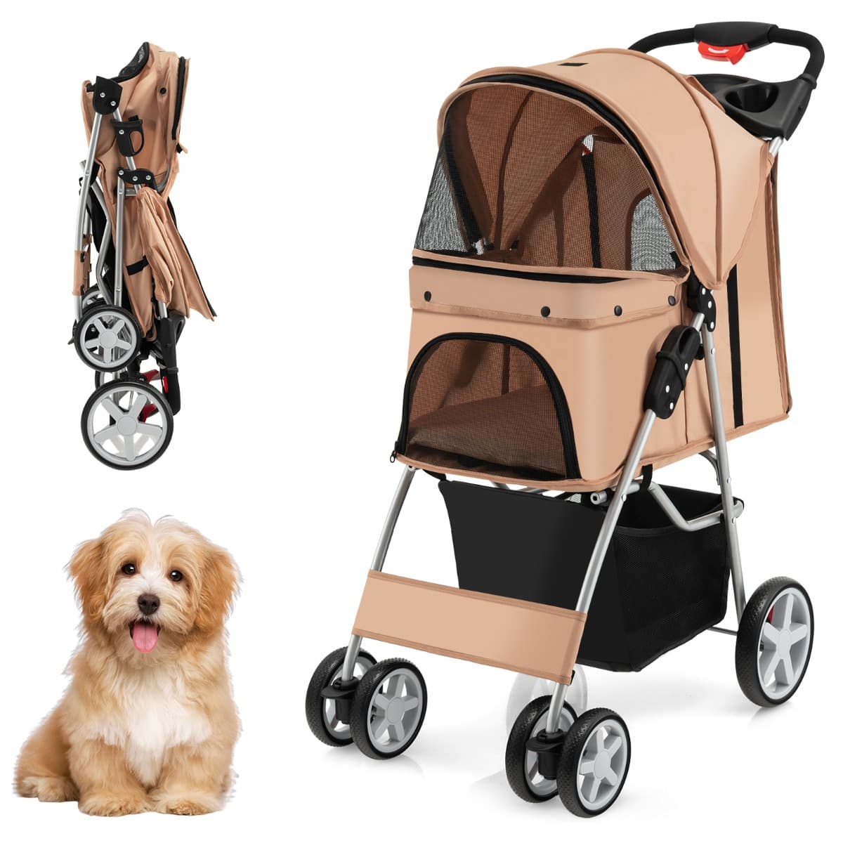 CostwayPoussette Pliable pour Chien et Chat à 4 Roues Charge 15KG Panier de Rangement Fenêtre en Maille Beige